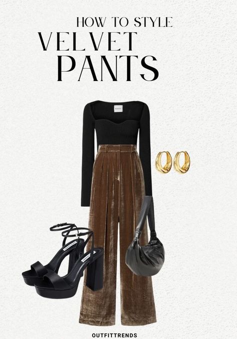 What to Wear with Velvet Pants? 25 Outfit Ideas Velvet Green Pants Outfit, Velvet And Lace Outfit, Green Velvet Pants Outfits Winter, Velvet Trousers Outfit Party, Green Velour Pants Outfit, Outfits With Velvet Pants, Black Velvet Pants Outfit Party, Style Velvet Pants, Styling Velvet Pants