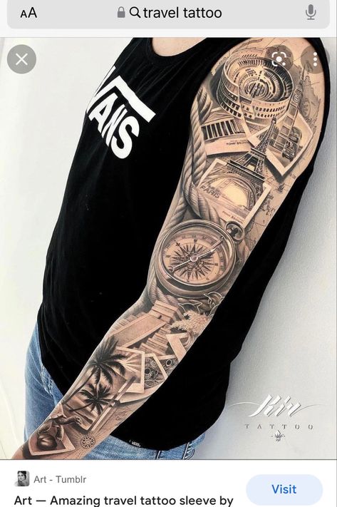 Travel Related Tattoos, Europe Tattoos, Mountain Sleeve Tattoo, Overlapping Design, Mangas Tattoo, Related Tattoos, Globe Tattoos, Tattoo Tiger, Geometric Sleeve Tattoo