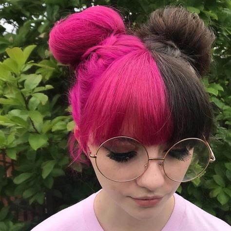 Spring Buns! Hair by @amberstylist26 #hotforbeauty Half Colored Hair, Half Dyed Hair, Dyed Hair Ombre, Half And Half Hair, Purple Ombre Hair, Split Dyed Hair, Red Blonde Hair, Black Hair Balayage, Split Hair