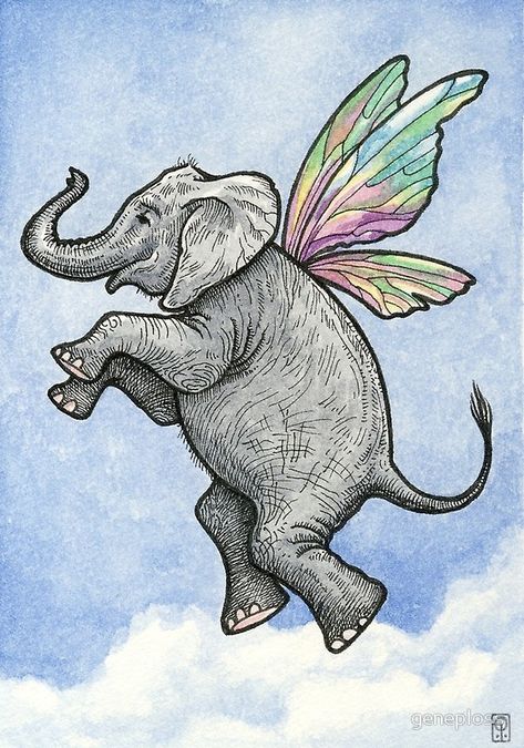 Happy Fairy Elephant in Flight Tropical Flower Tattoos, Elephant Decal, Flying Elephant, Elephant Illustration, Elephant Drawing, Mom Art, 5x7 Print, Elephant Art, Above The Clouds