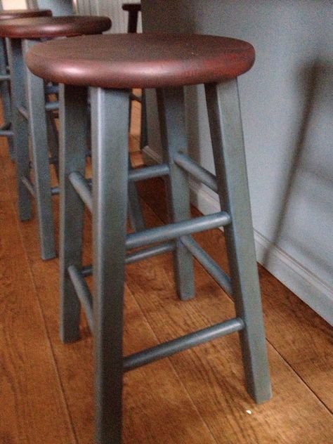 AS Chalk Paint Stool.  Legs in Aubusson Blue w dark wax and seat painted with Primer Red w lite wash of Graphite over it, also coated in dark wax.  So pretty in my turquoise kitchen! Round Bar Height Table, Bar Stool Makeover, Aubusson Blue, Painted Bar Stools, Acrylic Bar Stools, Stool Makeover, Painted Wood Floors, Painted Stools, Paint Bar