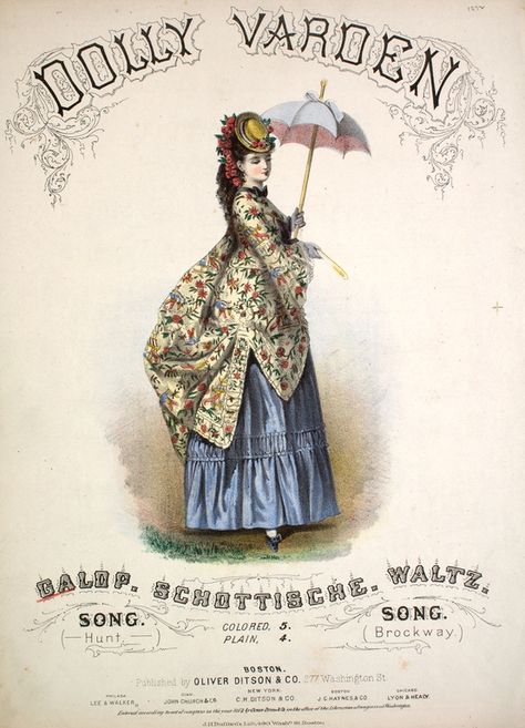 The "Dolly Varden Dress" was a look based off of a character in a Charles Dickens book. The look was loosely mimicked, but it was said to be a red petticoat, Polonaise style, wight he upper bodice skirt being some kind of a small floral print and topped off with a flattened bonnet. Jockey Hat, Charles Dickens Books, Dolly Varden, Steampunk Festival, 1870s Fashion, Fancy Dress Party, Bustle Dress, Music Cover, Gibson Girl