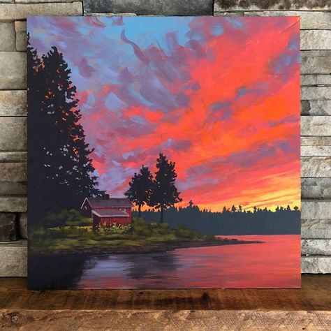 Painting With Acrylics Ideas, Canvas Panel Painting Ideas, Cabin Paintings On Canvas, Cool Paintings On Canvas, Painting Landscape Acrylic, Painting Inspiration Aesthetic, Painting Landscape Ideas, Landscape Paintings Sunset, Astetic Art