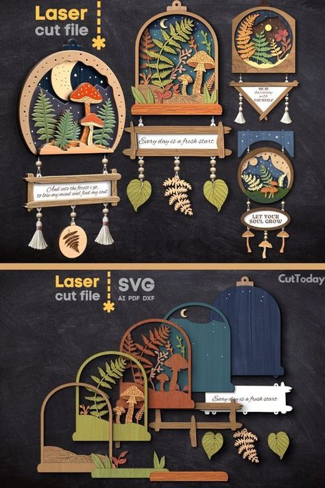 This bundle includes a collection of intricate laser cut files for Glowforge, featuring nature-inspired pendants, whimsical mushrooms, delicate ferns, and enchanting leaves, all adorned with uplifting and thought-provoking quotes. Perfect for home decorators, nature lovers, and those seeking unique wall art. Don't miss out on these inspiring Wall Quote Sign SVG files!  #WallQuoteSign #SVGBundle #LaserCut #Glowforge #NatureInspired #BotanicalArt #SereneSpaces #InspiringQuotes #HomeDecor #WallArt Laser Cut Projects Ideas, Laser Cut Ideas, Whimsical Mushrooms, Laser Cut Wood Jewelry, Provoking Quotes, Laser Cut Decor, Diy Laser Cut, Wood Craft Patterns, Laser Cut Wood Crafts