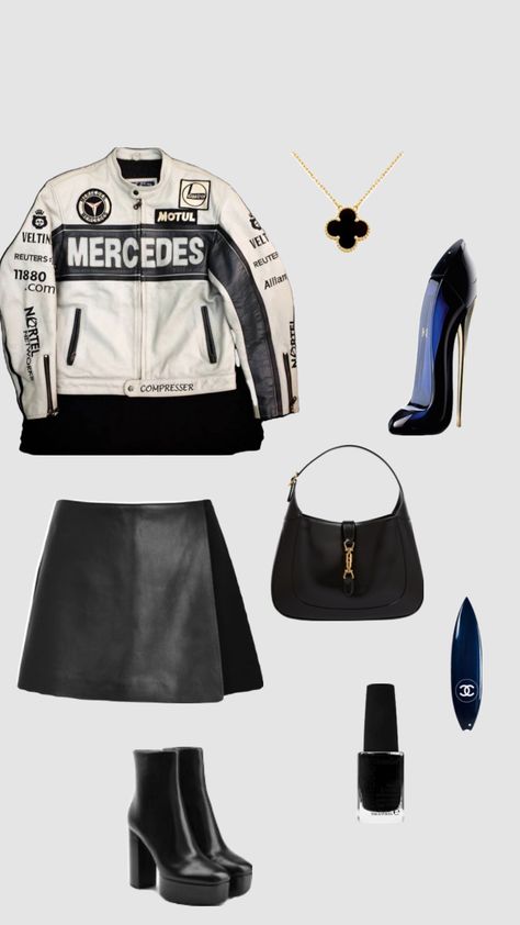 #outfit #mercedes #mercedesgirl #mercedesjacket #f1girl #vintage #fashion Mercedes Girl, Race Outfit, Race Day Outfits, Jacket Outfit Women, Fashion Terms, Chiffon Fashion, 2000s Fashion Outfits, Gameday Outfit, Simple Trendy Outfits