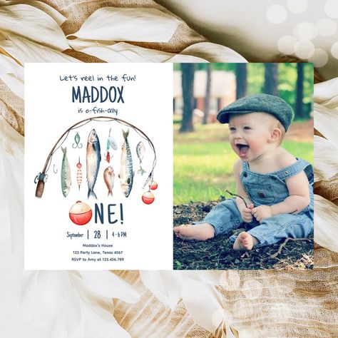 Fishing Themed 1st Birthday Party Invitations for Boys with Photo Fishing Birthday Party Invitations, Fishing First Birthday, Birthday Fishing, Fishing Themed Birthday Party, Fish Party, Fishing Birthday Party, O Fish Ally, 1st Birthday Party Invitations, Fishing Birthday