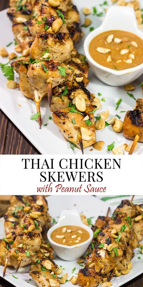 Thai Chicken Skewers with Peanut Sauce | Tasty summer grilling recipe! Thai Style Chicken, Satay Skewers, Chicken Satay Skewers, Chicken Satay Recipe, Satay Recipe, Peanut Dipping Sauce, Grilled Chicken Recipes Easy, Satay Chicken, Peanut Dipping Sauces