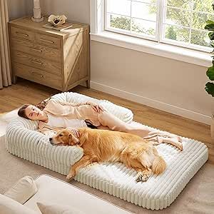 Bedsure Foldable Human Dog Bed for People Adult, 2 in 1 Corduroy Fleece Calming Human Size Giant Waterproof Dog Bed Fits Pet Families with Egg Foam, Faux Fur Orthopedic Dog Sofa, Cream Dog Sleeping Area, Aesthetic Dog Bed, Dog Bed For People, Giant Dog Bed, Dog Beds For Large Dogs, Giant Dog Beds, Bed High, Human Dog Bed, Human Dog