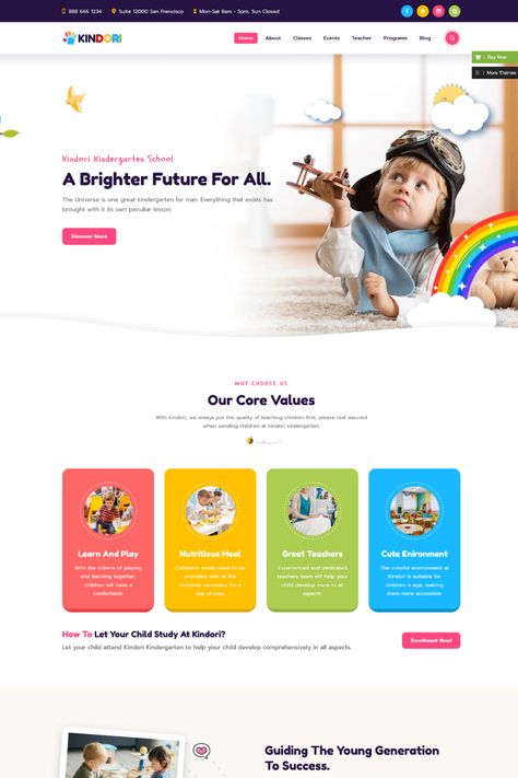 Kindori is a beautiful and functional WordPress theme designed specifically for schools and kindergartens. With its bright and playful design, it is sure to capture the attention of both children and parents alike.The theme features pre-built page templates, including a homepage, about us page, and contact page, making it easy for users to get started. It also includes a variety of customization options, allowing schools to tailor the website to their specific needs. Daycare Website Design, Kindergarten Website Design, Kids Website Design Inspiration, Preschool Branding, Kids Website Design, Kindergarten Website, Website About Us, School Website Design, Web Design School