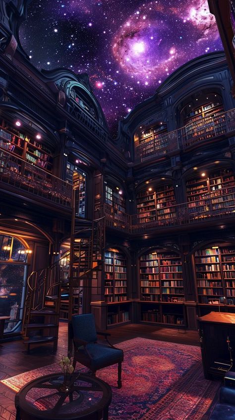 Magic Library Concept Art, Giant Library Aesthetic, Purple Library Aesthetic, Magical House Aesthetic, Aesthetic Library Wallpaper, Castle Library Aesthetic, Room Library Aesthetic, Cool Libraries, Library Wallpaper Aesthetic