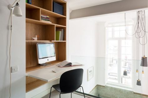 Contemporary office area with a fold-down desk Ikea Desk Closet, Plywood Office Design, Plywood Home Office, Space Saving Desks Workspaces, Alcove Office, Uncommon Projects, Plywood Office, Fold Up Desk, Home Office Shelf