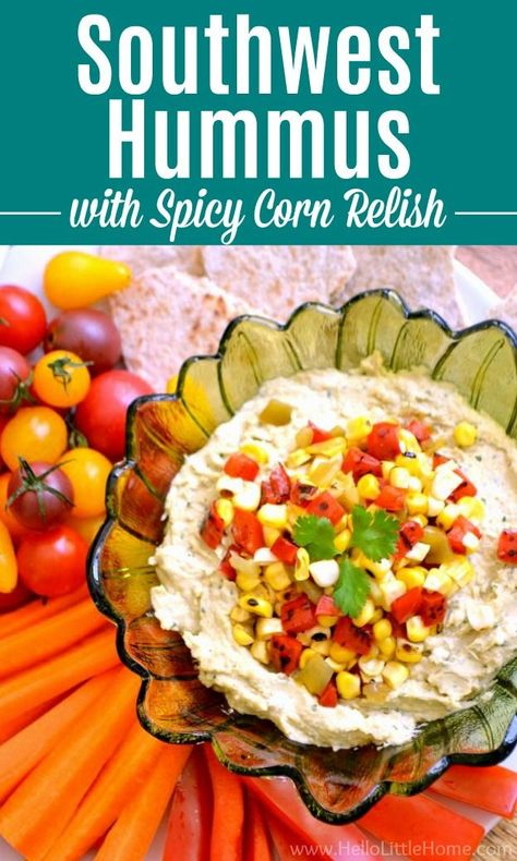 Southwest Hummus with Spicy Corn Relish ... a delicious twist on classic hummus! This Spicy Hummus Recipe is inspired by delicious Southwest-inspired flavors. Make this Southwestern Hummus with simple, healthy ingredients (chickpeas, tahini, garlic, lime juice, and spices), then top it with a flavorful, homemade Corn Relish. This unique Hummus Recipe is full of bold, creative flavors ... makes a great party appetizer or healthy snack! Vegetarian, Vegan + Gluten Free. | Hello Little Home Spicy Corn Relish, Corn Hummus, Unique Hummus Recipe, Veggie Recipes Breakfast, Spicy Hummus Recipe, Pescatarian Meals, Classic Hummus, Spicy Hummus, Vegan Appetizers Recipes