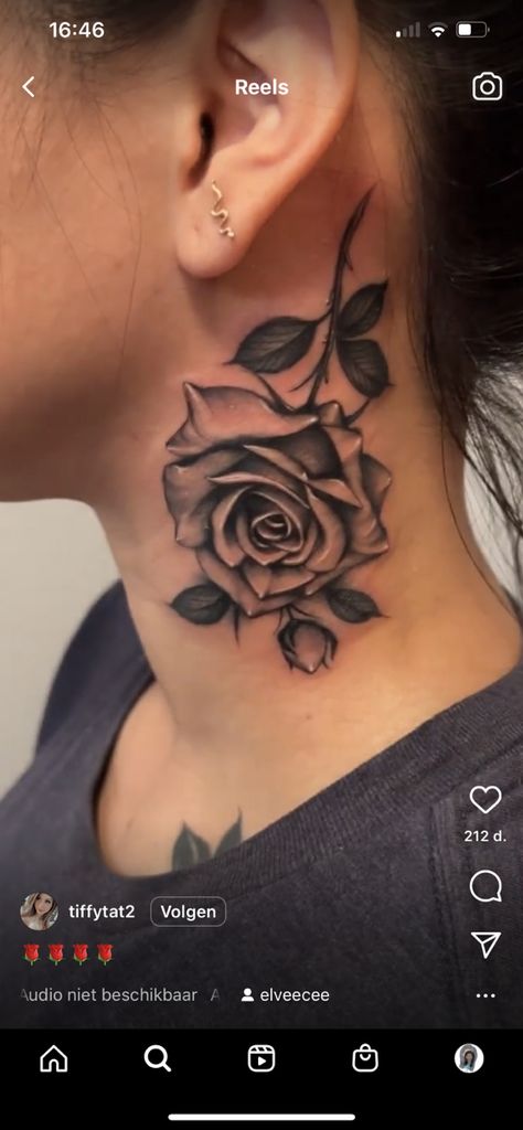 Women Front Neck Tattoo Ideas, Rose Tattoo Styles, Neck Tats Women Flower, Rose Tattoo On Neck For Women, Side Neck Tattoos Women Ideas Flower, Neck Tats Black Women, Neck Rose Tattoo For Women, Small Side Face Tattoos For Women, Red Rose Neck Tattoo