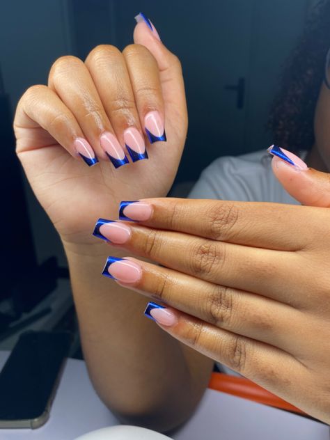 Royal Blue And Chrome Nails, Blue Overlay Nails, Royal Blue Gel Nails Short, Royal Blue Nails Designs Square, Navy Square Nails, Royal Blue Nails French Tips, Nail Ideas Royal Blue, Short Blue Nail Ideas, Royal Blue French Nails