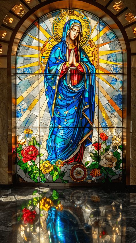 Stained glass of the Blessed Virgin Mother Mary Stained Glass Window, Virgin Mary Stained Glass Window, Catholic Stained Glass Art, Stained Glass Mary, Nativity Of Blessed Virgin Mary, Nativity Of Mary, Virgin Mary Picture, Virgin Mary Painting, Mary Guadalupe