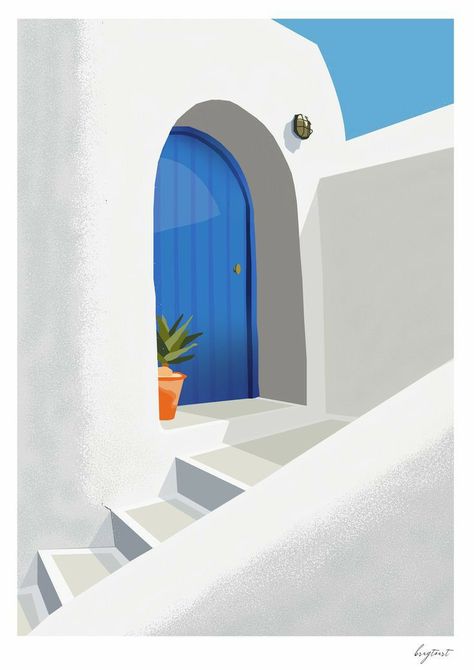 Santorini Greece Painting Easy, Santorini Painting Easy, Greece Drawing Simple, Greece Art Paintings, Greece Painting Easy, Santorini Painting, Door Illustration, Oia Greece, Greece Painting