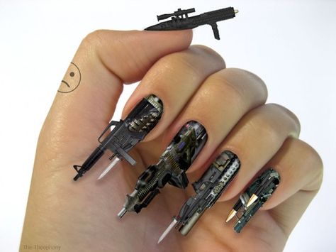 fingernailguns  For the cover of London-based magazine SuperSuper!, Laurent Theopane Bertrand created the above 3D fingernail gun art. It doesn’t come with bullets, but it is obviously the first step toward humans developing laser beam fingers, which then leads to laser beam eyes, which then leads to Cyclops, which means superheros are real. Weird Nails, Nail Polish Tutorial, Crazy Nail Designs, Crazy Nail Art, Nail Art 3d, Nail Art Images, Crazy Nails, 3d Nail Art, Cool Nail Designs