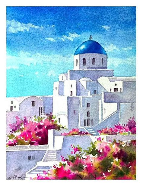 Greece Landscape, Santorini Grecia, Greece Painting, Landscape Pencil Drawings, Easy Landscape Paintings, Northern Lights Painting, Learn Watercolor Painting, Watercolor Architecture, Learn Watercolor