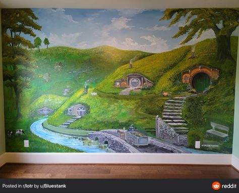 The Shire Mural, Lord Of The Rings Nursery Mural, Lotr Nursery Ideas, Middle Earth Nursery, Hobbit Baby Room, Hobbit Nursery, Lotr Nursery, Hobbit Life, Storybook Nursery