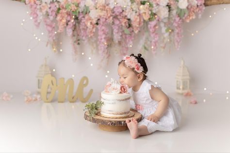 Hanging flowers first birthday photos 1st Bday Photoshoot Ideas, First Birthday Photo Shoot Ideas Studio, Photo Shoot Ideas Studio, Shoot Ideas Studio, First Birthday Photo Shoot Ideas, Flower 1st Birthday, 1st Birthday Shoot, Floral Cake Smash, 1st Photoshoot