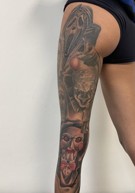 Scream Tattoo Leg, Scary Leg Sleeve Tattoo, Twisty Tattoo, Scary Leg Tattoos, Horror Leg Sleeve Tattoo Women, Halloween Leg Sleeve Tattoo For Women, Horror Tattoos For Women, Horror Leg Sleeve Tattoo, Terrifier Tattoo