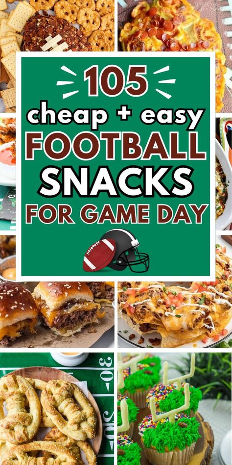 Easy football snacks and game day appetizers that feed a crowd cheap, including tailgate finger foods and crockpot dips for simple football game food ideas and superbowl snacks. Simple Football Snacks, Football Birthday Snack Ideas, Easy Sunday Football Snacks, Sides For Game Day, Easy Appetizers Football Game, Easy Finger Foods For Football Party, Game Day Eats Football Food, Recipes For Football Parties, Best Football Appetizers Easy