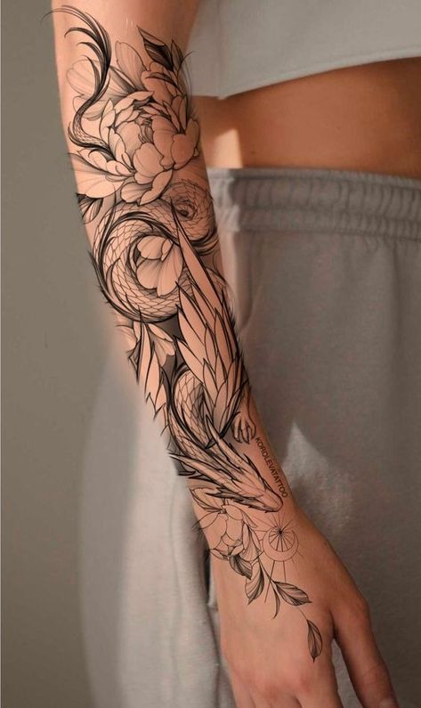 Wispy Tattoo Ideas, Sleeve Tattoos For Women Dragon, Forearm Dragon Tattoo For Women, Elegant Tattoo Sleeve, Sleeves Tattoos Women, Dragon Tattoo Sleeve Women, Dragon Forearm Tattoo Women, Dragon Tattoo For Women Leg, Woman Dragon Tattoo