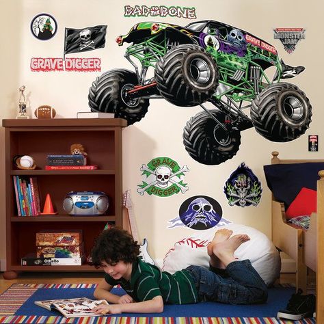 Monster Jam Giant Wall Decals Monster Truck Bedroom, Monster Truck Room, Monster Jam Birthday Party, Monster Jam Birthday, Monster Jam Party, Truck Room, Monster Truck Theme, Monster Wall, Monster Truck Party