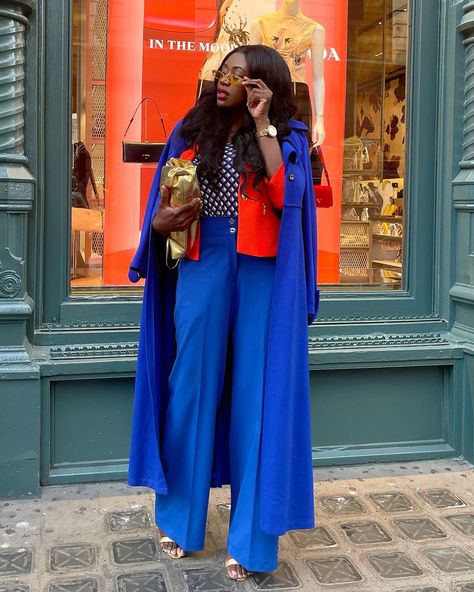 Blue And Orange Outfit, Cobalt Blue Outfit, Cobalt Blue Pants, Blue Wide Leg Pants, Orange Outfit, Blue Outfit, Blue And Orange, Spring Style, Blue Pants