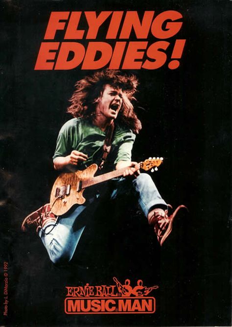 Eddie Van Halen - Flyin' Eddies - I always loved this ad      #EddieVanHalen #EdwardVanHalen #VanHalen #Guitar #Guitarist #ShredGuitar #ShredderGuitaristsClub #rock #Metal Van Halen Album Covers, Music Man Guitar, Vintage Les Paul, Guitar Magazine, Eddie Van Halen, Music Man, I Love Music, Gibson Les Paul, Van Halen