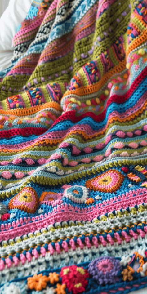 Crochet Boho Afghan, Unique Crochet Projects Ideas, Scraptastic Crochet Blanket, Thick Yarn Crochet Patterns, Unique Crochet Ideas, Boho Crochet Patterns Free, Crochet Sun Blanket Pattern, Crochet Blanket Scrap Yarn, Crocheted Bedspreads