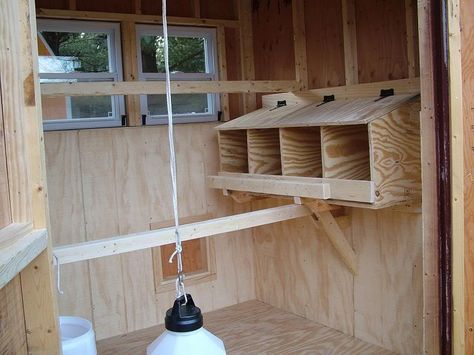 Coop interior showing windows, roosts, and nest boxes. Here is an example if you prefer to make the nest boxes..this one has a door that opens behind them. Chicken Coop Interior, Coop Interior, Chicken Enclosure, Chicken Perches, Chicken Fence, Backyard Coop, Small Chicken Coops, Easy Chicken Coop, Chicken Shed