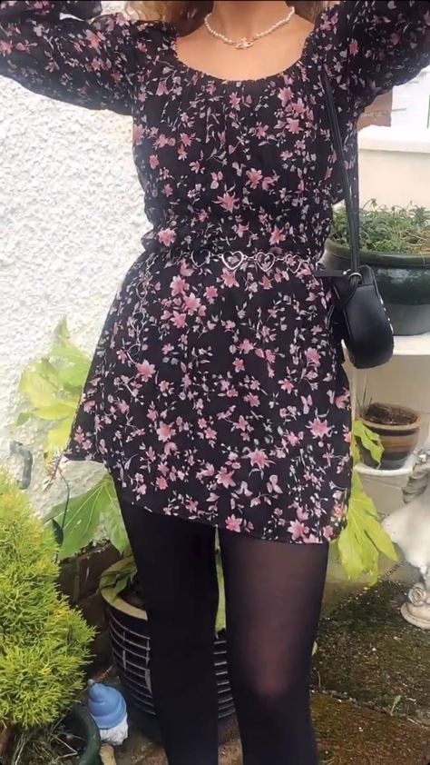 ootd cute little floral black dress #dress #aesthetic #dress #outfits #ootd #fashion Black Flower Dress Outfit, Floral Dress With Tights, Floral Mini Dress Outfit, Flower Dresses Outfit, Floral Black Dress, Black Flower Dress, Lil Black Dress, Lil Black, Mini Dress Outfits