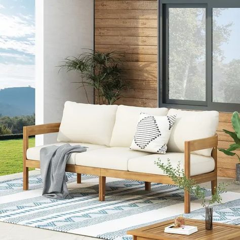 Brooklyn Outdoor Acacia Wood 3 Seater Sofa with Cushions by Christopher Knight Home - Bed Bath & Beyond - 36194695 Patio Furniture Conversation Sets, Sofa With Cushions, Outdoor Lounge Area, Wood Daybed, Wicker Sofa, Beige Cushions, Three Seater Sofa, Christopher Knight, Noble House