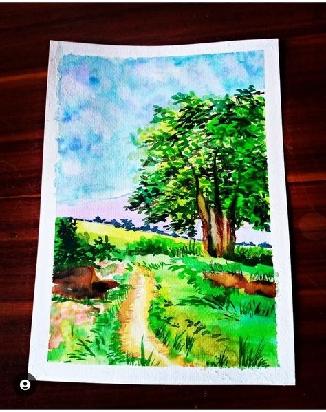 #beautiful #art #drawing #painting #nature #tree #green ground #wheather #landscape #amazing #trending #colorful Watercolour Painting For Beginners, Easy Watercolour Painting, Landscape Painting For Beginners, House Scenery, Village Scene Drawing, Landscape Drawing Easy, Easy Scenery Drawing, Watercolour Landscape Painting, Watercolor Scenery