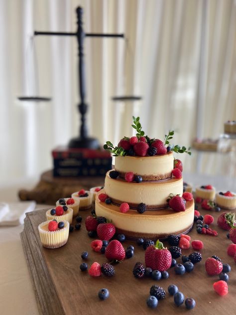 Diy Wedding Cheesecake, Cheesecake For Grooms Cake, Stacked Cheesecake Wedding, Cheesecake Tier Cake, Wedding Cakes That Aren't Cakes, Fall Cheesecake Wedding Cake, Cheesecake For Wedding Cake, Simple Wedding Cheesecake, 3 Tier Cheesecake