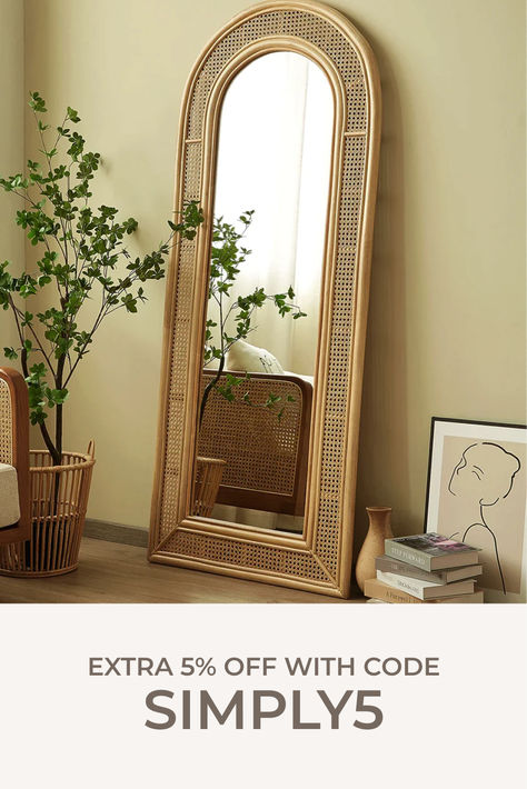 Rattan floor mirror - Extra 5% off with code SIMPLY5 Full Length Mirror Decor, Full Length Mirror Decor Ideas, Rattan Bedroom, Boho Mirrors, Boho Mirror, Rattan Mirror, Boho Furniture, Wood Wall Mirror, Full Length Mirror