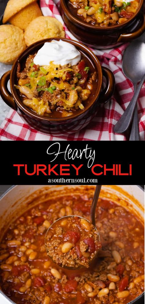 Hearty Turkey Chili Turkey Sausage Chili, Turkey And Beans, Soul Recipes, Sausage Chili, Ground Turkey Chili, Food Substitutions Healthy, Southern Potato Salad, Southern Cooking Recipes, Yummy Fall Recipes