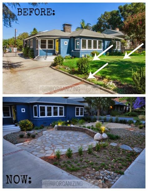 Before and Now - curb gone, grass gone, awkward plants gone :: OrganizingMadeFun.com Drought Tolerant Front Yard, Yard Before And After, Drought Tolerant Landscape Front Yard, Drought Resistant Landscaping, Yard Remodel, Front Yard Patio, Drought Tolerant Garden, Drought Tolerant Landscape, Front Courtyard