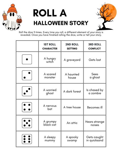 Bring out your students' imaginations with these fun and engaging Halloween Writing Activities! Perfect for the classroom or at home, this set includes a variety of prompts and games to inspire creative thinking and storytelling.

Roll a Story: Roll the dice to create your own Halloween story.
Create & Write About Your Monster: Design a monster and describe its spooky adventures!
Write a Magic Spell: Get creative with spell-making.
Finish the Sentence: Complete Halloween sentence starters Halloween Roll A Story, Halloween Activities 3rd Grade, Halloween Sentences, Halloween Writing Activities, Roll A Story, Halloween Classroom Activities, Spooky Words, Finish The Sentence, Halloween Writing Prompts