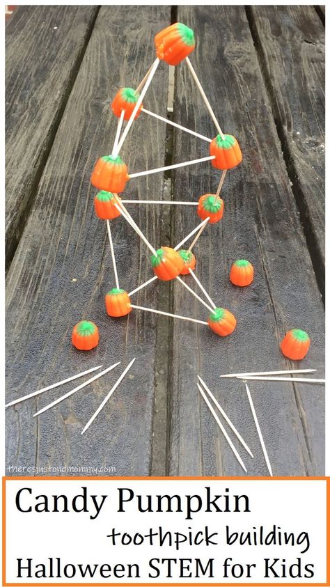 simple Halloween STEM: building a toothpick tower #STEMactivities #STEMeducation #Halloween #theresjustonemommy Toothpick Tower, Marshmallow Toothpick, Best Halloween Games, Halloween Stem Challenge, Pumpkin Preschool, Craft Calendar, Stem Station, Easy Halloween Games, Halloween Stem Activities