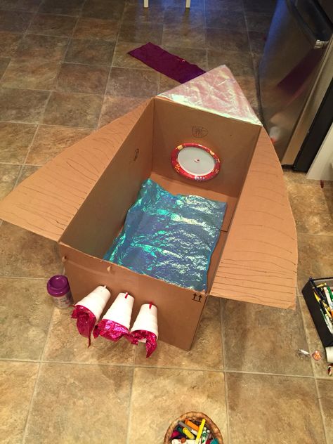 Diy Box Rocket Ship, Rocket Ship Box Diy, Toddler Rocket Ship Craft, Rocket Ship Out Of Boxes, Nugget Rocket Ship Build, How To Make A Rocket Ship Out Of Boxes, Preschool Rocket Ship Activities, Rocket Ship Cardboard Boxes, Make A Rocket Ship For Kids