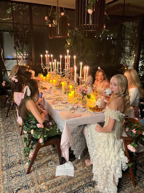 Birthday Aesthetic With Friends, Stargirl Birthday, Coquette Dinner, Fiesta Aesthetic, Midsummer Nights Dream Party, Midsummer Party, Marie Antoinette Party, Reading Girl, Birthday Dinner Party