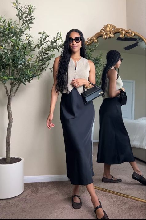 Satin Slip Midi Dress curated on LTK Satin Slip Dress Outfit Work, Styling Silk Slip Dress, Black Silk Dress Outfit Classy, Silk Dress Fall Outfit, Black Satin Dress Outfit Casual, Long Silk Dress Outfit, Slip Dress Outfit Casual, Slip Dress Fall Outfit, Midi Slip Dress Outfit