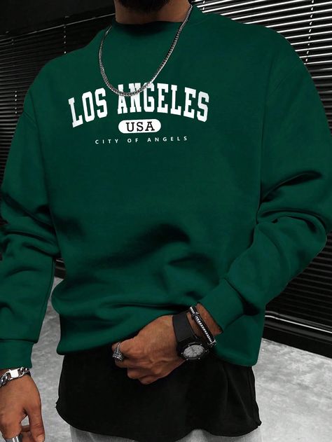 Dark Green Casual Collar Long Sleeve Fabric Letter Pullovers Embellished Slight Stretch  Men Clothing Green Hoodie Outfit, Outfit Hombre, Letter Print Sweatshirt, Fabric Letters, Green Hoodie, Hoodie Outfit, Winter Clothes, Graphic Crewneck, Men Clothing