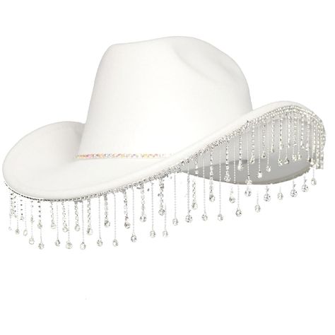 PRICES MAY VARY. 80% Non-woven Cloth, 20% Rhinestone Drawstring closure Woman Bridal White Diamond Fringe Western White Cowboy Party Hat with Adjustable Drawstring The hat is made of high quality material, light in weight, soft and comfortable, not easy to aging Wide enough hat, sparkling diamond fringe decorated at hat brim, adjustable drawstring to change size Please check our size measurement below carefully before you place an order, one size fits most Great accessory for many occasions, for Fringe Cowgirl Hat, White Cowgirl Hat, Rhinestone Fringe, Western Cowboy Hats, Cowgirl Hat, Cowgirl Hats, Cowboy Hat, Western Cowboy, Costume Party