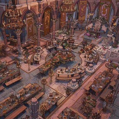 ArtStation - Natcha Ngamtweerat Fantasy Banquet Hall, Interior Concept Art, Medieval Banquet, Bg Design, Fantasy Rooms, Dnd Maps, Fantasy Castle, Fantasy House, Fantasy City