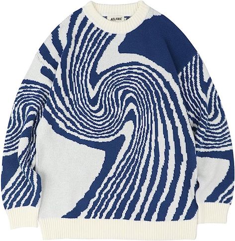 Aelfric Eden Mens Color Block Sweater Knit Pullover Sweaters Unisex Fall Long Sweaters Vintage Whirlpool Crewneck Casual Tops Oversized Korean Fashion, Streetwear Sweater, Pull Bleu, Pull Beige, Jacquard Sweater, Stil Inspiration, Japanese Streetwear, Knitwear Men, Style Streetwear