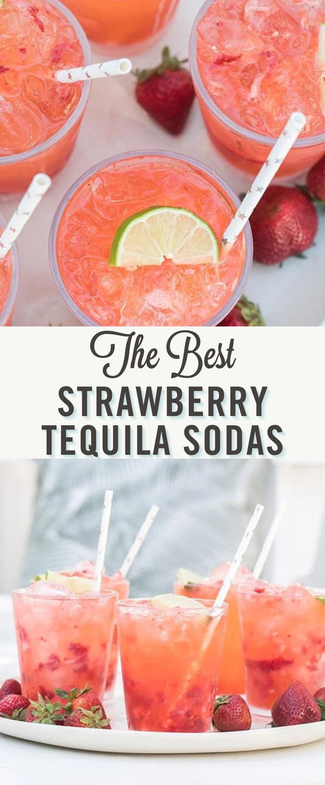 Try these delicious Strawberry Tequila Sodas!  These tequila sodas are refreshing and filled with flavor. Tequila, tonic water (or club soda), and lime juice with muddled strawberries are the perfect summer cocktail combination. Sauza Tequila Drinks, Cute Tequila Drinks, Best Tasting Alcoholic Drinks, Tequila And Club Soda Drinks, Drinks With Tacos, Fun Party Foods For Adults, Easy Mixed Drink Recipes, Taco Night Drink Ideas, Alcoholic Punch Recipes Tequila