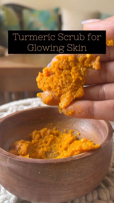 Skin Lightening Scrub Diy, Turmeric Body Scrub Recipe, Face Ubtan Homemade, Turmeric Sugar Scrub Recipe, Turmeric Exfoliating Scrub, Skin Discoloration Remedies Diy, Tumeric Oil Recipes For Skin, Tumeric Face Scrub Homemade, Home Made Scrubs Face Exfoliate